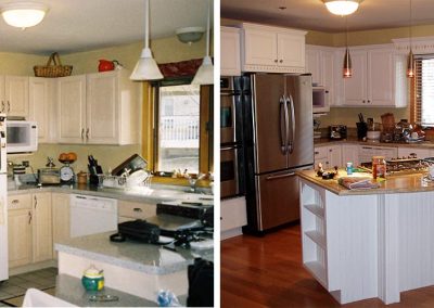 Cream colored cabinets and light green walls depicted in the before image and the new kitchen remodel by The Finished edge feature an angled kitchen island which opens up the kitchen and offers more space for food preparation.