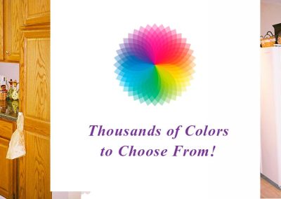 The thousands of colors to choose from are depicted here along with the same cabinets shown in the natural wood state and after they were painted.