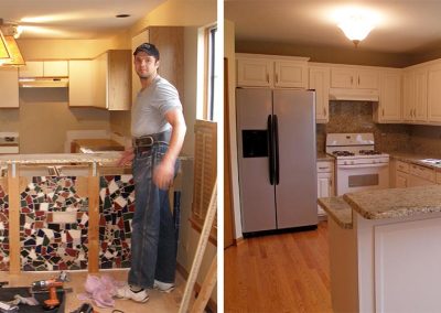 First image shows The Finished Edge's employees ripping apart an old kitchen, and the image on the right shows a brand new and bright kitchen!