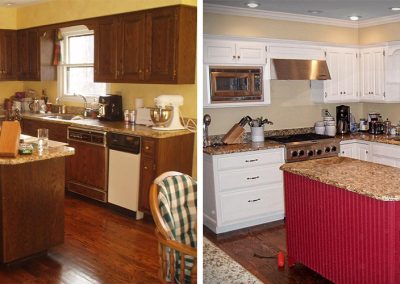 The before image is of an outdated and dark kitchen and the after image features white cabinets with a red kitchen island.